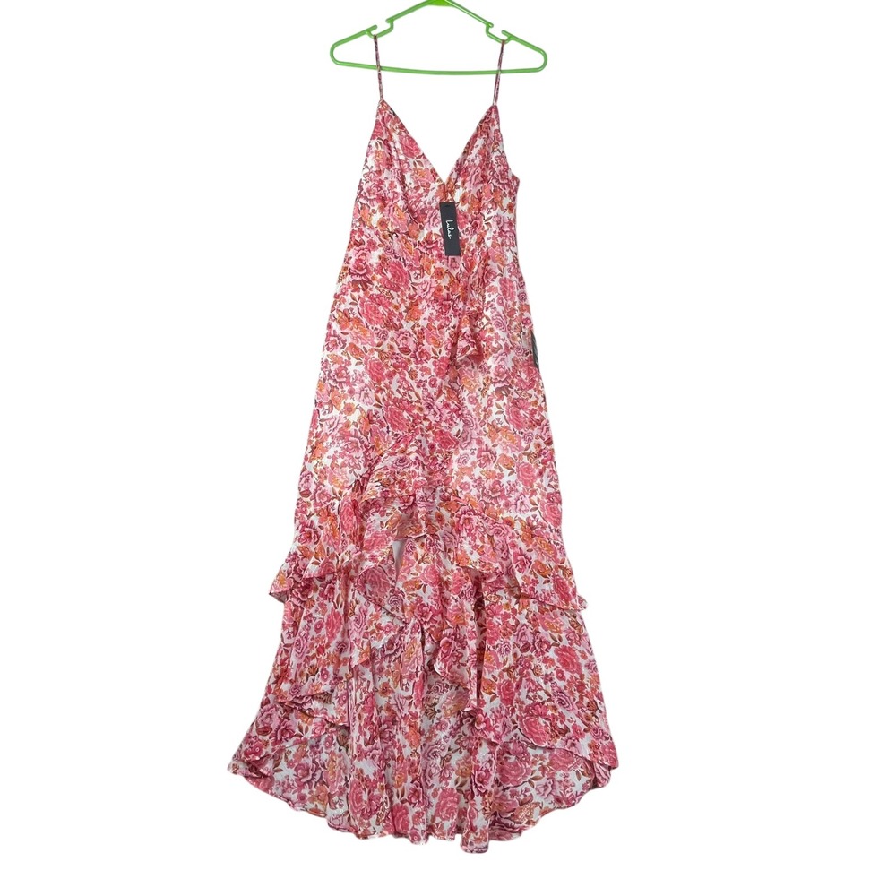 Lulus Maxi Floral Tiered Ruffle Dress Womens M Pink Red Sleeveless - Picture 2 of 9